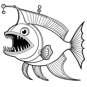 Cartoon anglerfish drawing with light-up lure and big sharp teeth coloring page