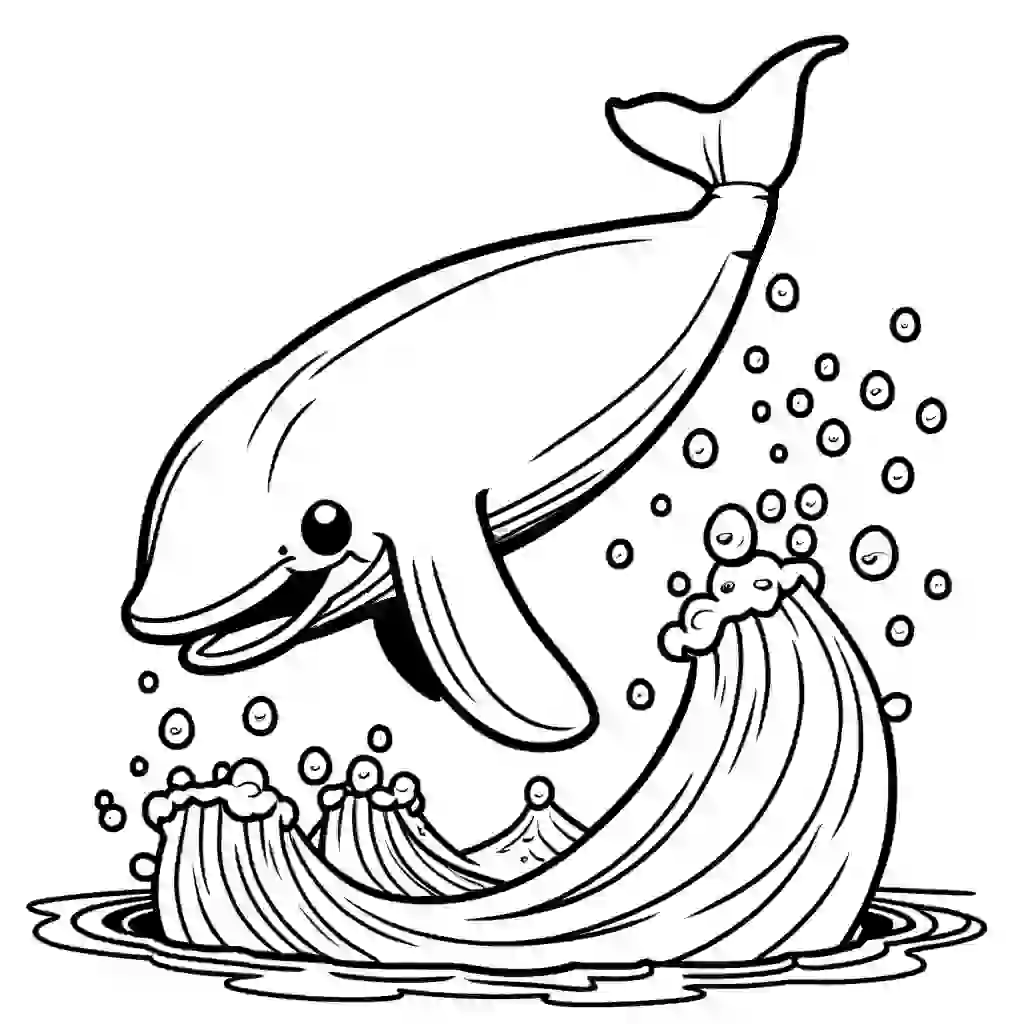 Cheerful cartoon blue whale Making Water Bubbles coloring page