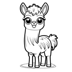 Happy cartoon-style llama with big eyes coloring page