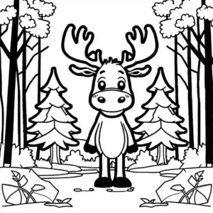 CartoonMoose with trees and bushes in the background coloring page