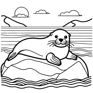 Cute cartoon seal laying on a rock near the ocean waves coloring page