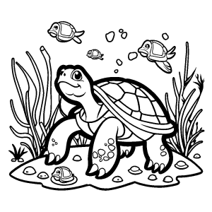 Cartoon turtle surrounded by seaweed and shells coloring page