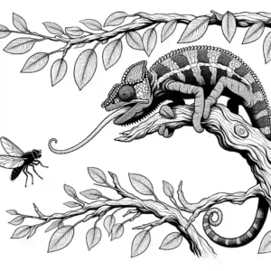 Chameleon catching a bee on a branch coloring page
