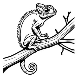 Chameleon perched on a tree branch in a jungle coloring page
