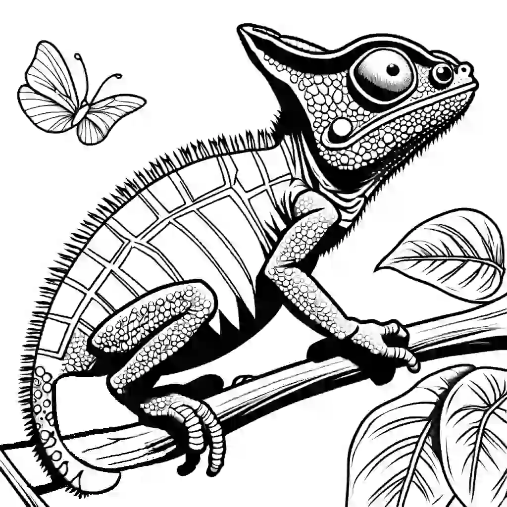Chameleon coloring page with long tongue and unique eye pattern coloring page