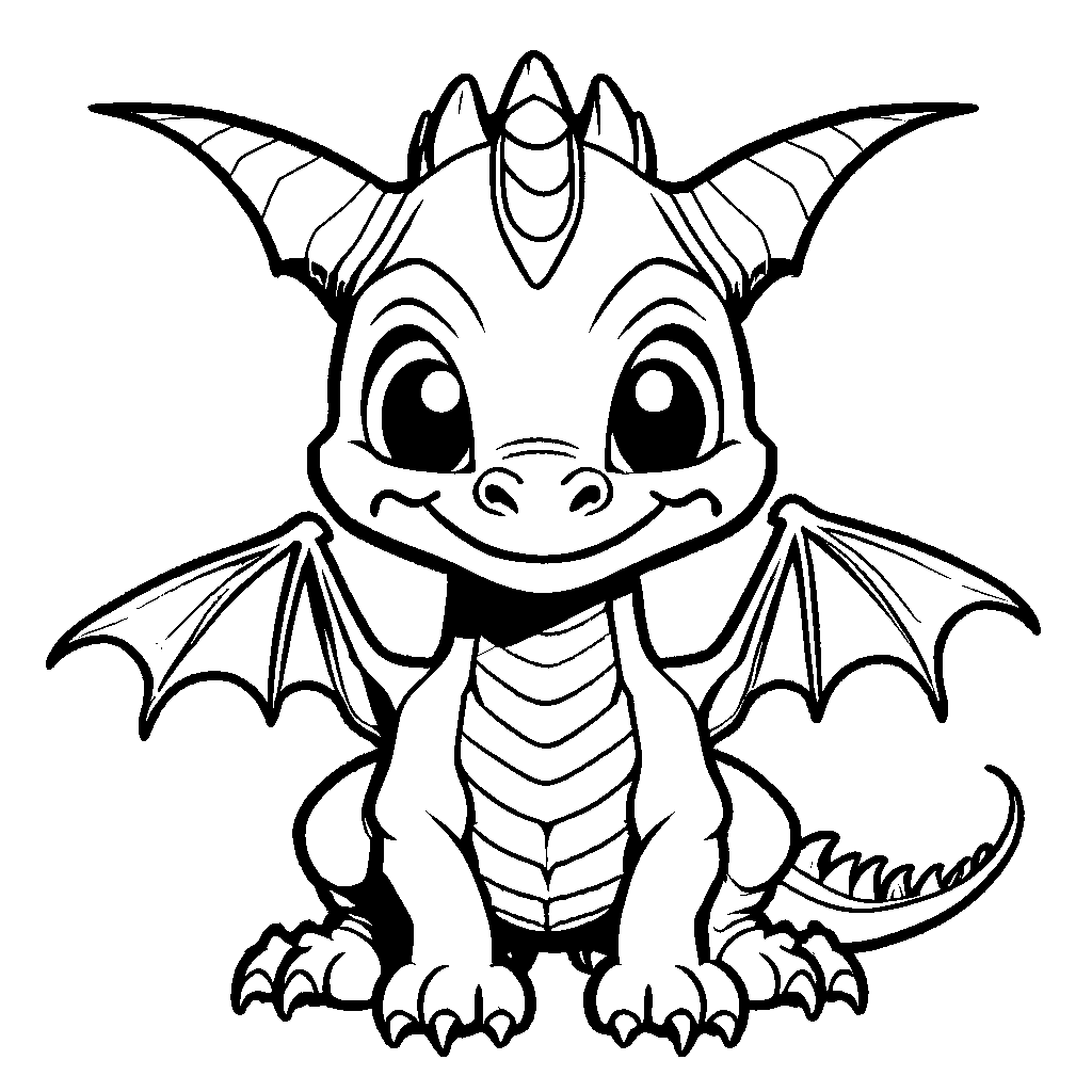Joyful one-line drawing of a baby dragon with small body and happy face for coloring page