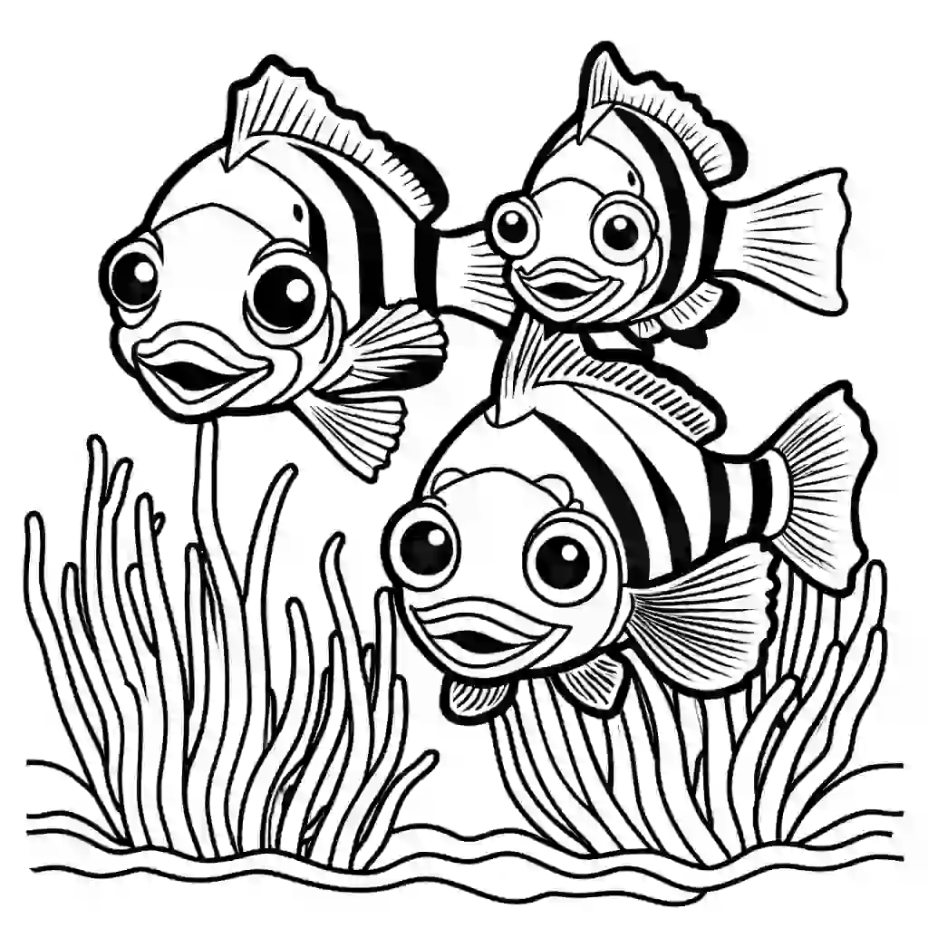 Happy Clownfish family with their cheerful expressions and unique markings coloring page