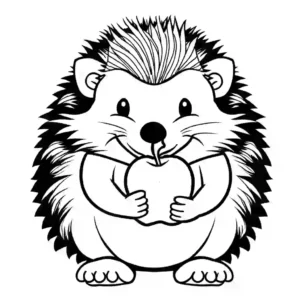 Happy hedgehog coloring page holding a red apple coloring page