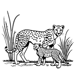 Cheetah cub playing with its mother in the grass coloring page