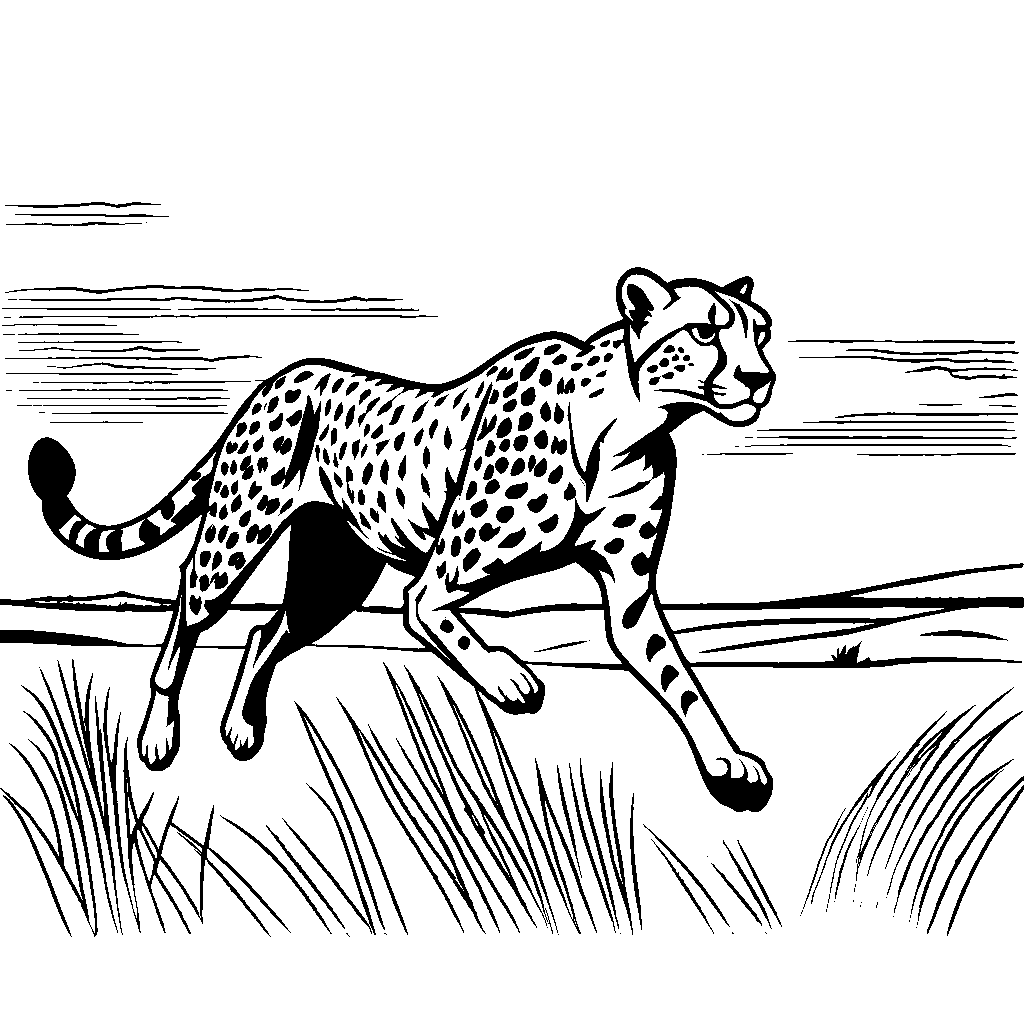 Illustration of cheetah sprinting across the open plains coloring page