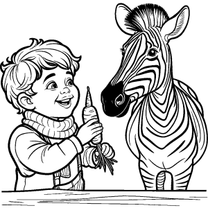 Cheerful child feeding a zebra coloring page