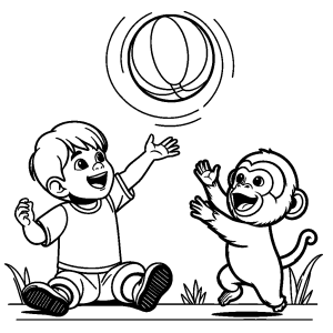 Child and monkey playing catch with ball coloring page