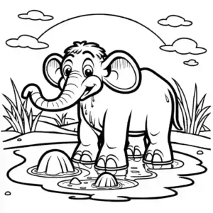 Chubby mammoth calf playing in mud with happy face coloring page