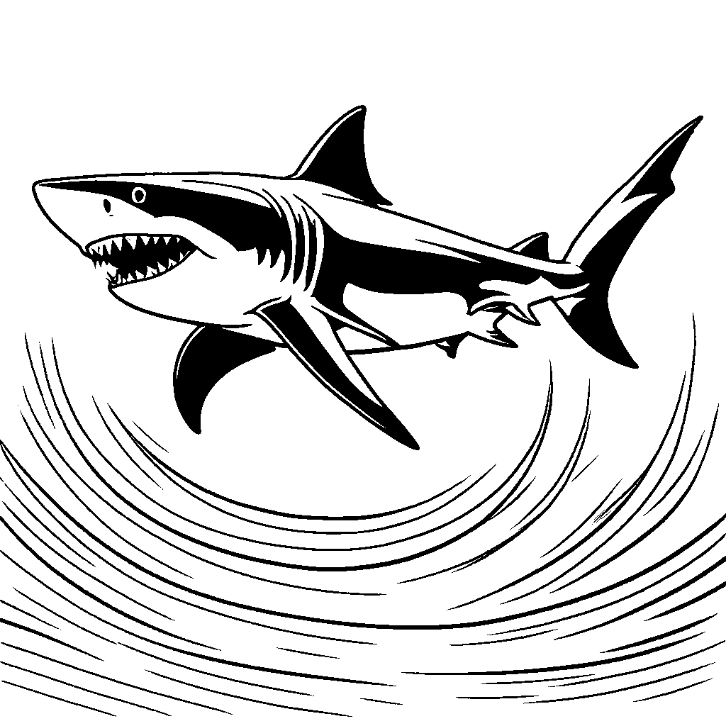 Lifelike shark circling in the ocean coloring page