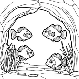 Group of Clownfish playing inside a colorful underwater cave coloring page