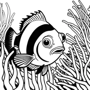 Clownfish exploring a vibrant coral reef coloring page