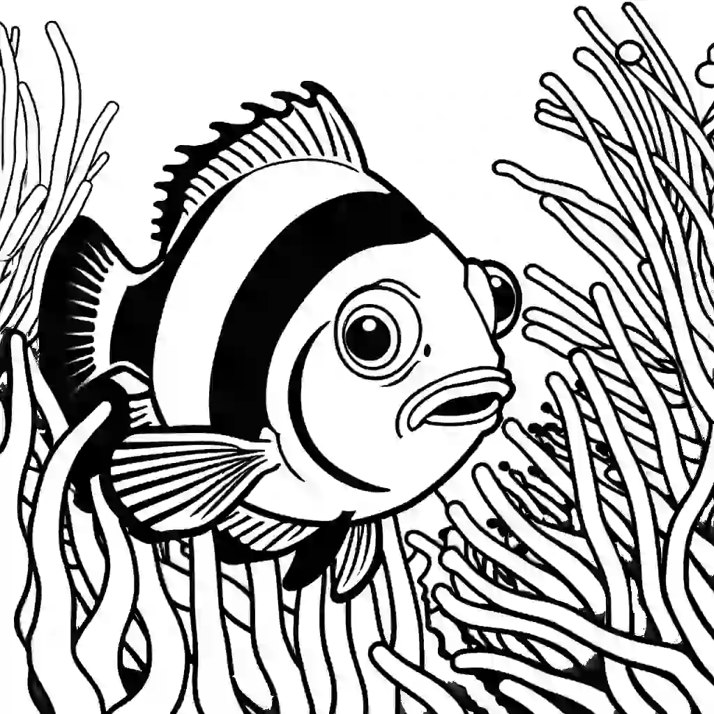 Clownfish exploring a vibrant coral reef coloring page