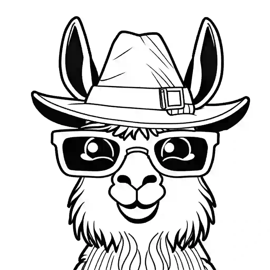 Comical llama with sunglasses and funny hat coloring page