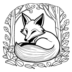 Fox curled up in a cozy den with leaves and twigs around coloring page