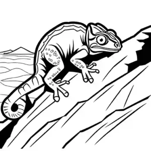 Chameleon coloring page with desert landscape and curious peeking pose coloring page