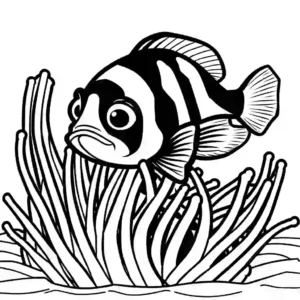 Clownfish peeking out from behind a sea anemone with its curious eyes and playful demeanor coloring page