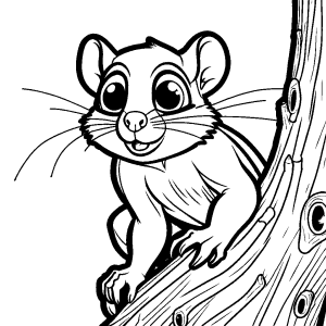 Cute flying squirrel peeking out from behind a tree trunk coloring page