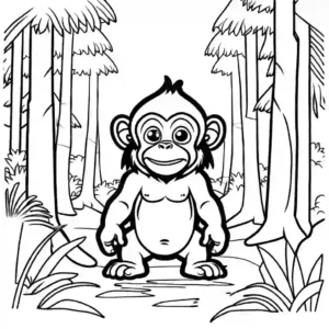 Inquisitive orangutan wandering through the forest coloring page
