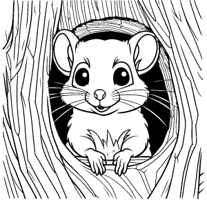 Fuzzy flying squirrel peeking out from inside a cozy tree hollow coloring page