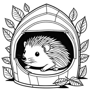 Hedgehog curled up in den coloring page