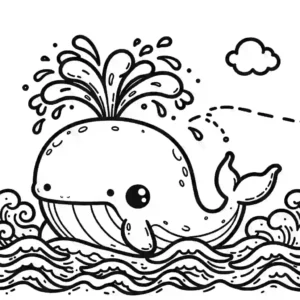 Cute blue whale spouting water in ocean coloring page