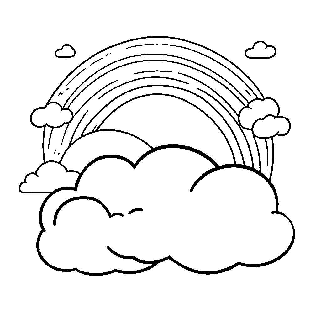 Cute cloud, cheerful sun, vibrant rainbow in single-line sketch coloring page
