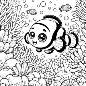 Cute Clownfish swimming among coral reef and sea anemones coloring page