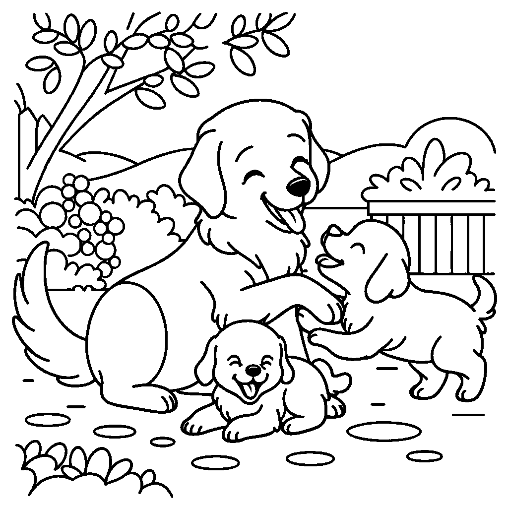 Golden Retriever mom playing with two puppies in garden coloring page