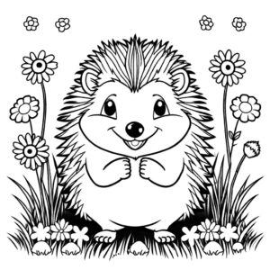 Hedgehog standing on grass with flowers coloring page