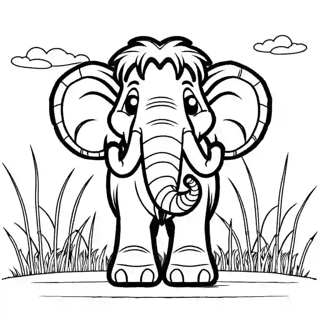 Friendly mammoth standing on grass coloring page