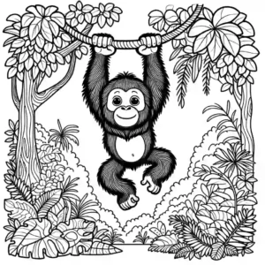 Cute Orangutan swinging from tree to tree in the jungle coloring page