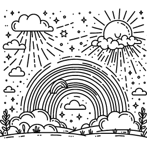 Cute rainbow with smiling sun and fluffy clouds coloring page