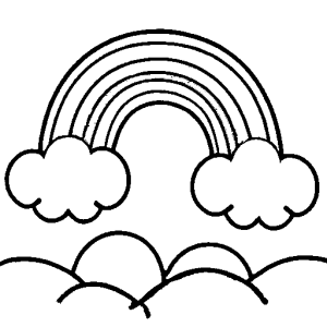 Simple one-line drawing of a cute rainbow with fluffy clouds coloring page