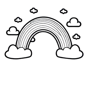 Simple one-line drawing of a cute rainbow with fluffy and puffy clouds coloring page