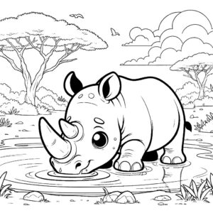 Rhinoceros drinking water from a pond in savanna coloring page