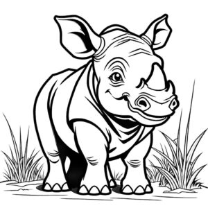 Cute rhinoceros with big horn standing in a grass field coloring page