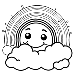 Simple cute rainbow and smiling sun illustration for coloring page