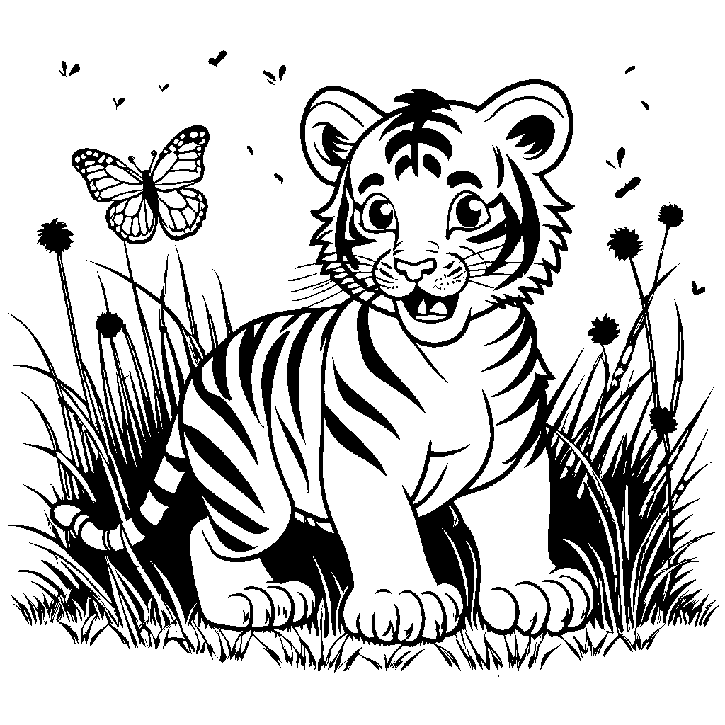 Cute tiger cub playing with butterfly coloring page