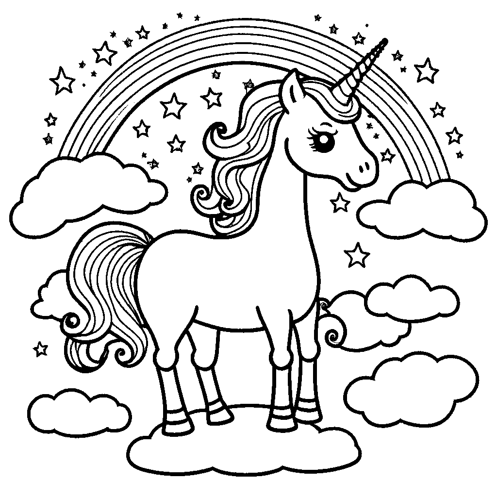 Adorable unicorn surrounded by vibrant rainbow and fluffy clouds coloring page