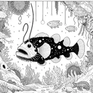 Deep sea anglerfish swimming among mysterious ocean creatures in a coloring page.