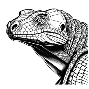 Detailed sketch of Komodo Dragon head with scales and teeth, perfect coloring page