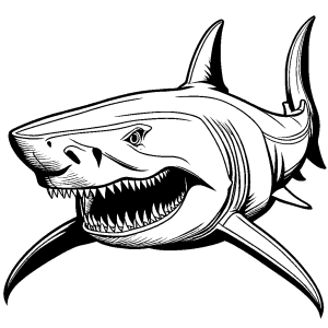Detailed line drawing of a Megalodon shark with open mouth and sharp teeth