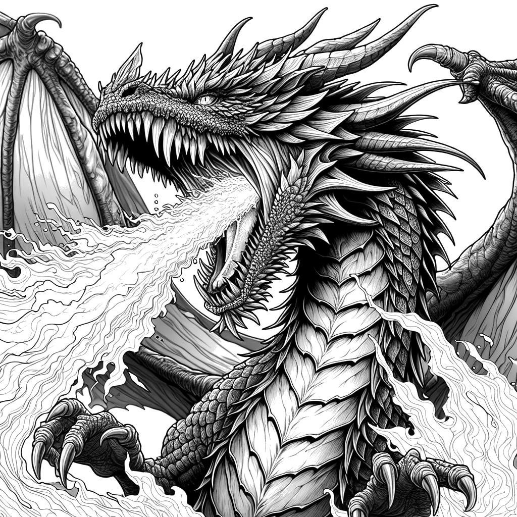Dragon coloring page with open mouth breathing out fire coloring page