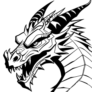 Dragon head with sharp horns and fierce expression coloring page