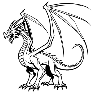 Dragon outline with large wings and sharp claws coloring page